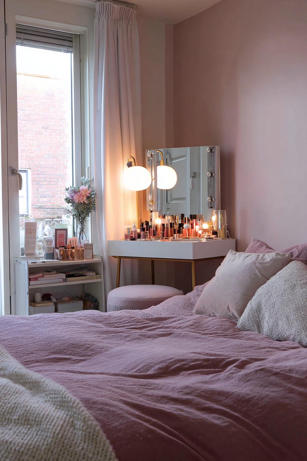 24. Slaapkamer inspiratie met een make-up hoek en zachte ringlamp
