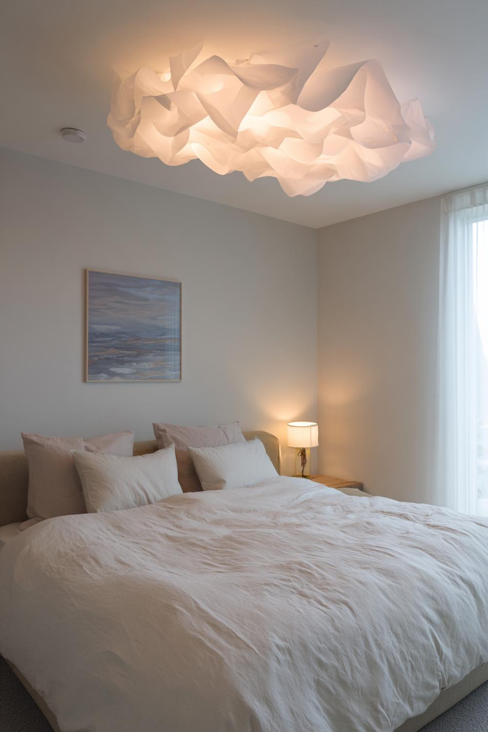 27. Slaapkamer inspiratie met een plafondlamp van papier en diffuus licht