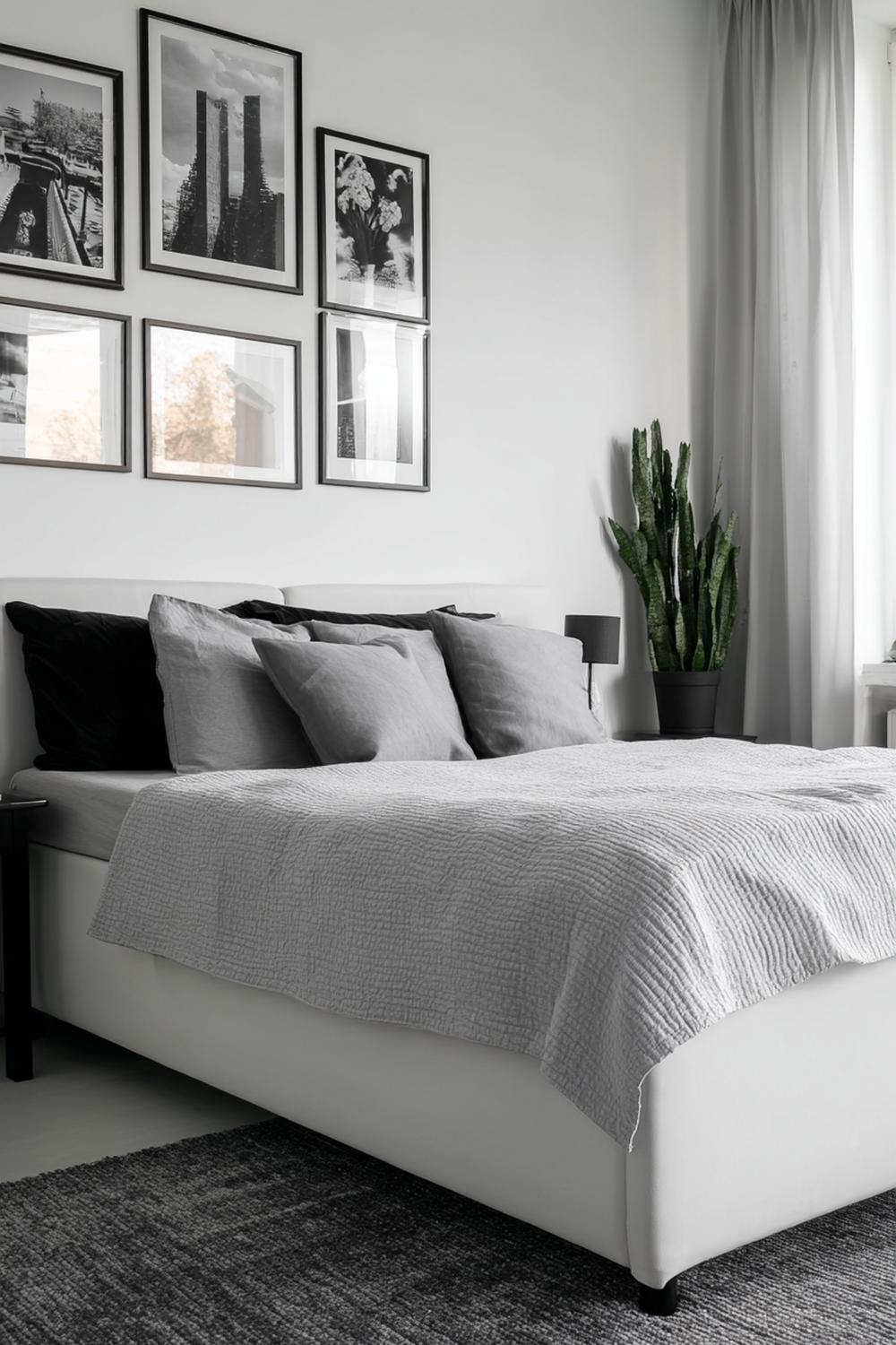 29. Slaapkamer inspiratie met zwart-wit fotografie en galerijwand