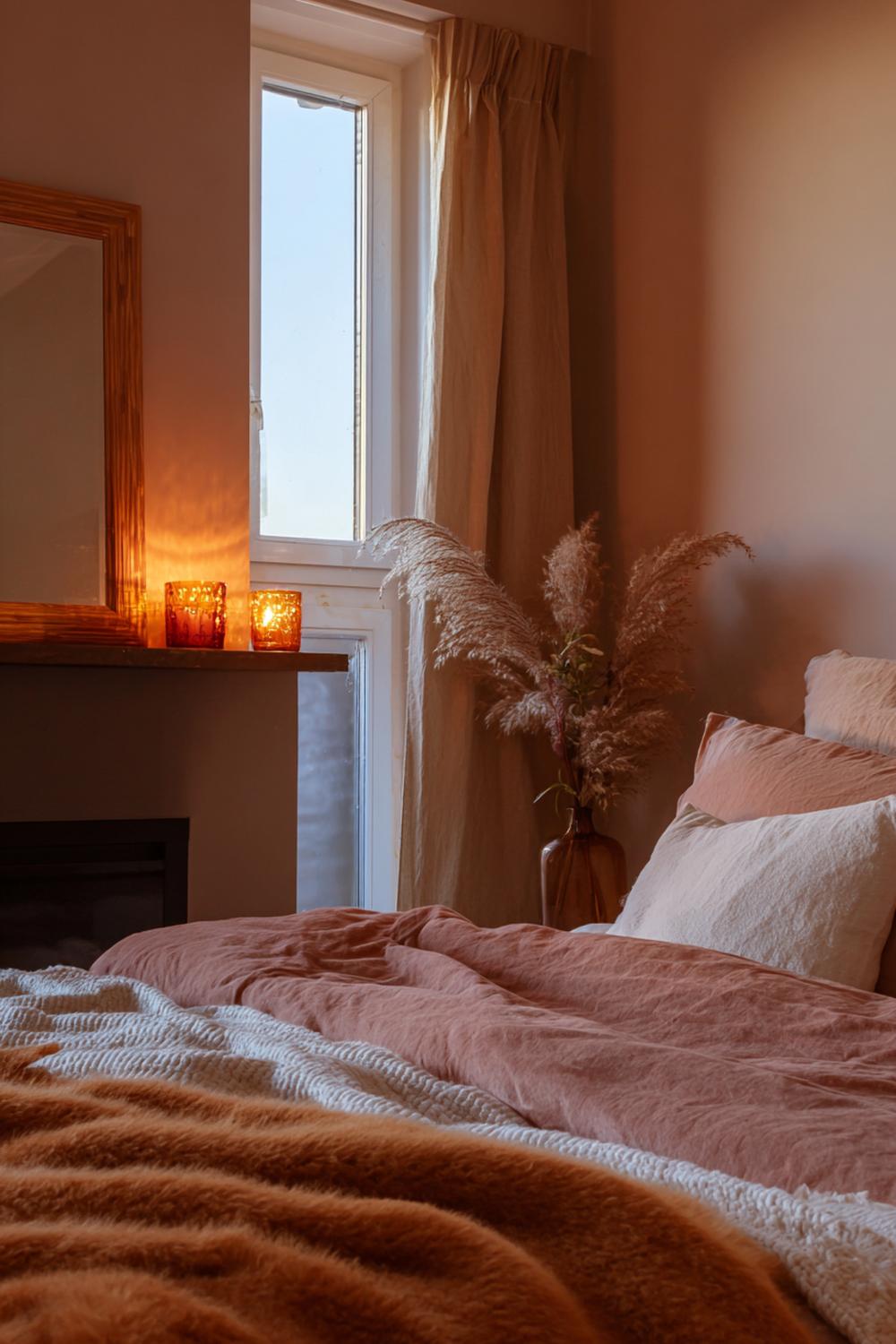 34. Slaapkamer inspiratie met warme houttinten en amber glas
