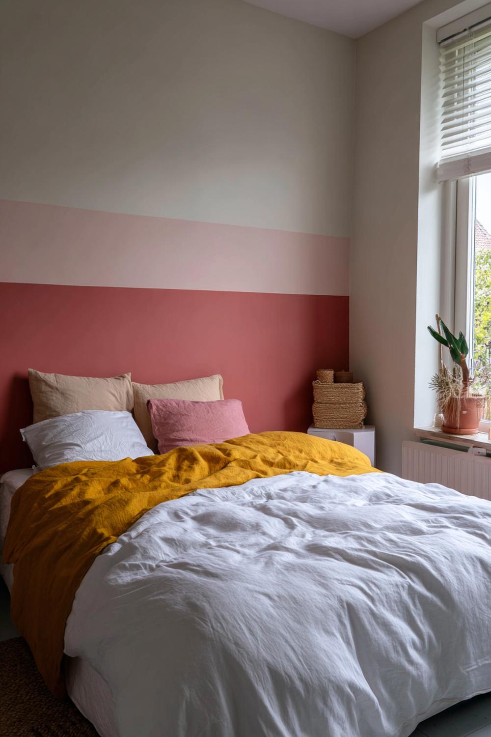 36. Slaapkamer inspiratie met kleurblokken op de muur en strakke lijnen
