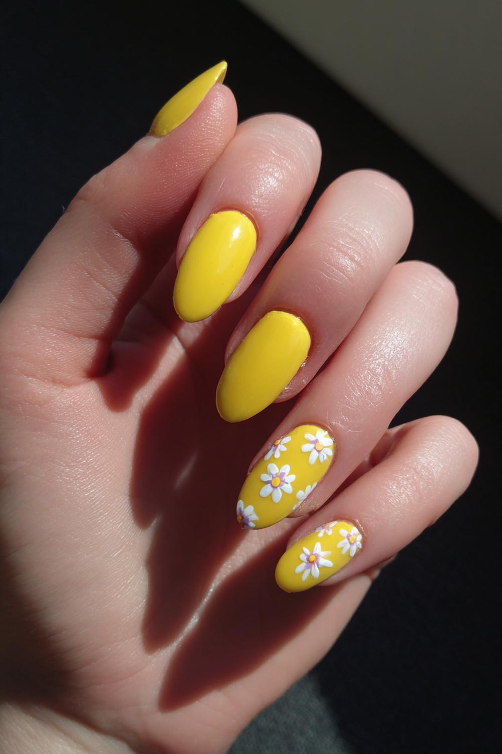 12. Spring nails met botergeel en fijne witte bloemenlijn