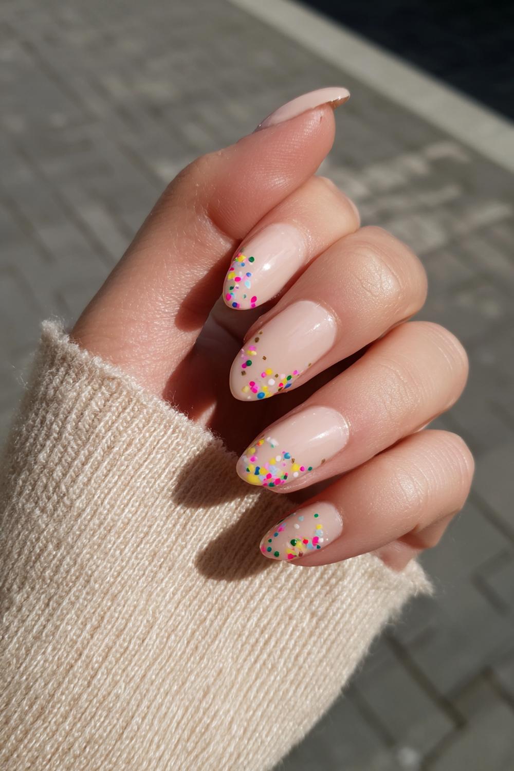 15. Spring nails met pastel confetti stipjes en zachte nude ondertoon