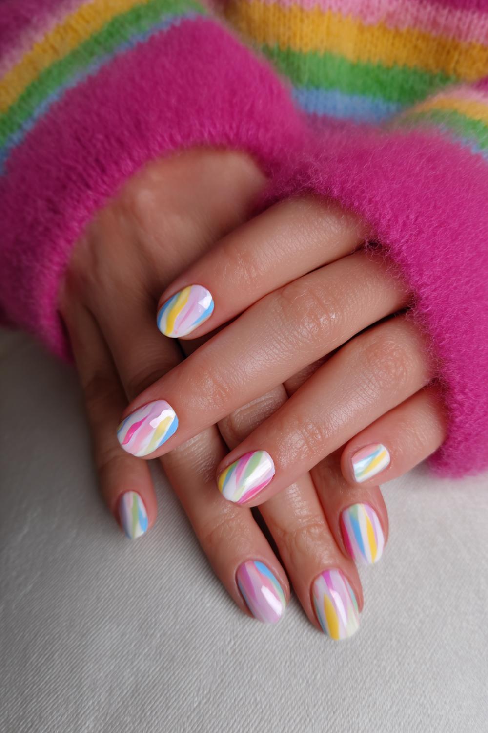 20. Spring nails met zachte regenboogtips en korte ronde nagels