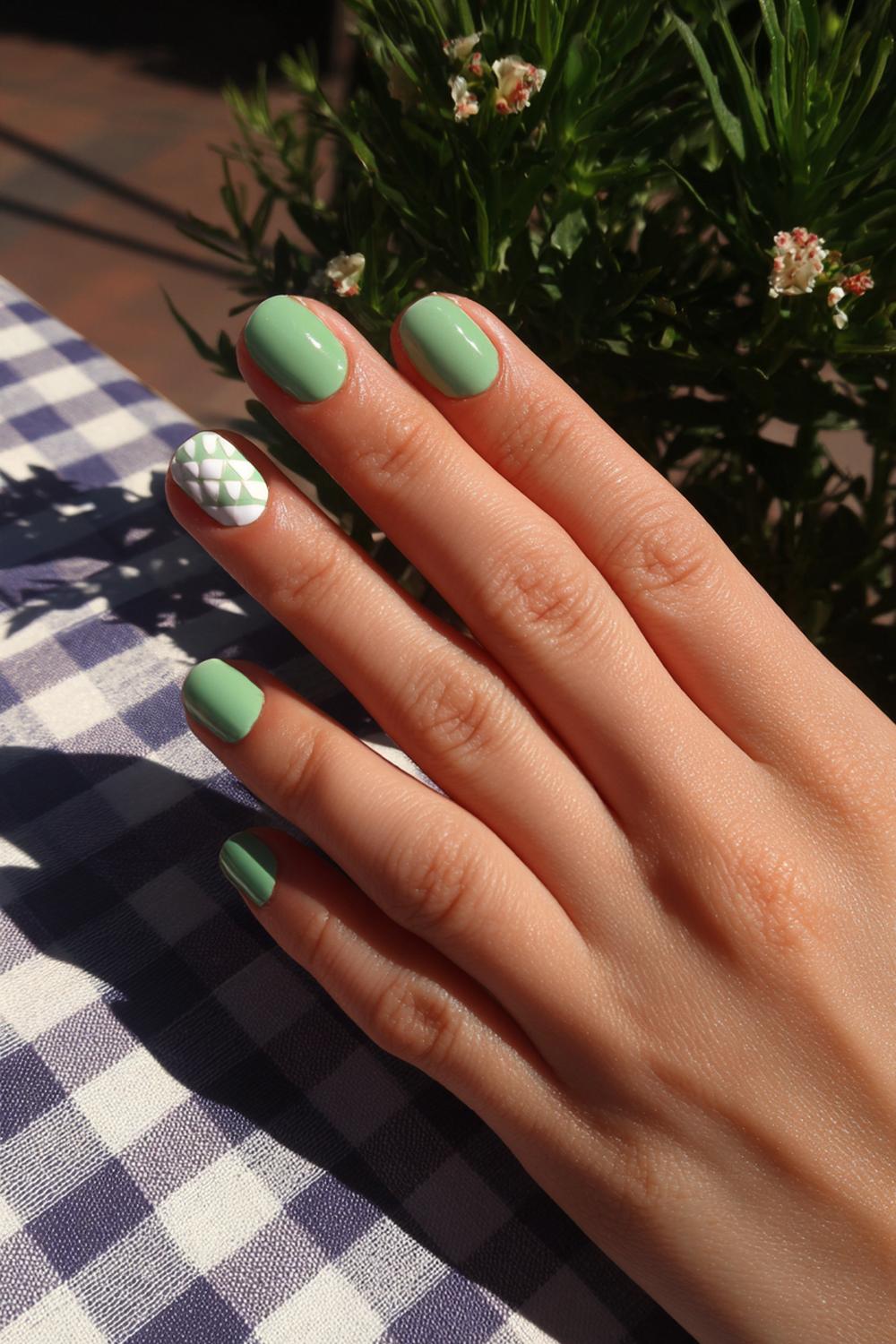 22. Spring nails met pistachegroen en geometrische witte blokjes
