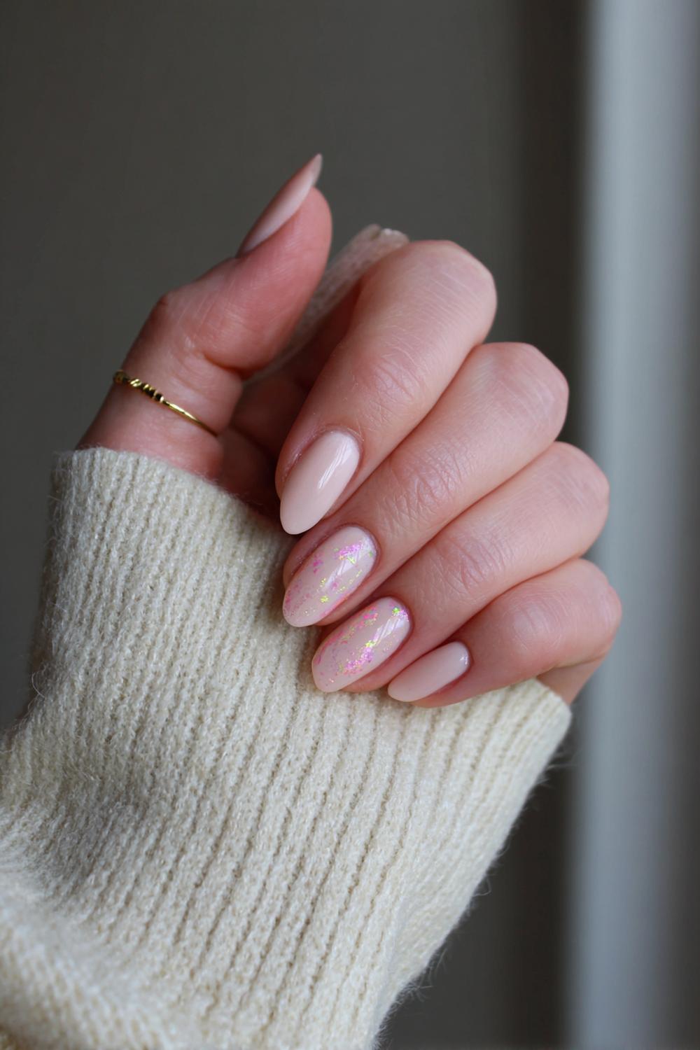 23. Spring nails met nude basis en driedelige pastel lijnkunst