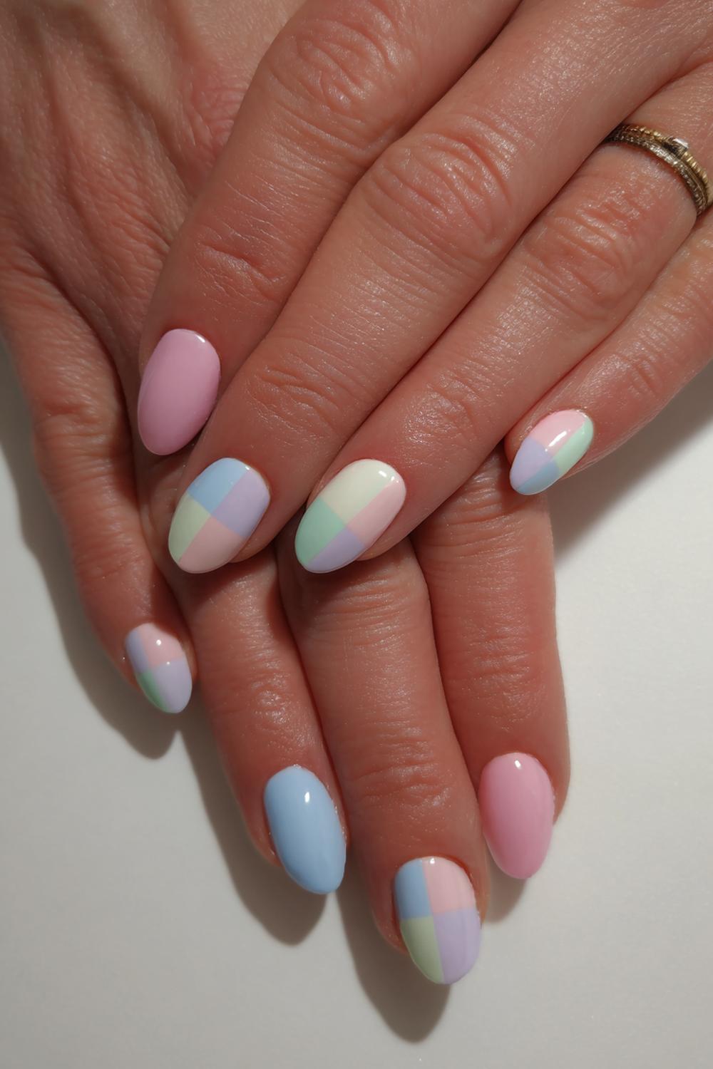 25. Spring nails met pastel checkerboard en zachte glans