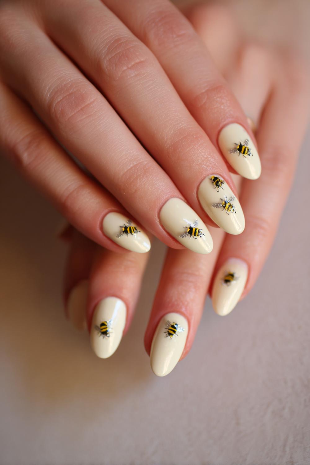 28. Spring nails met crème en kleine bijtjes op accentnagels