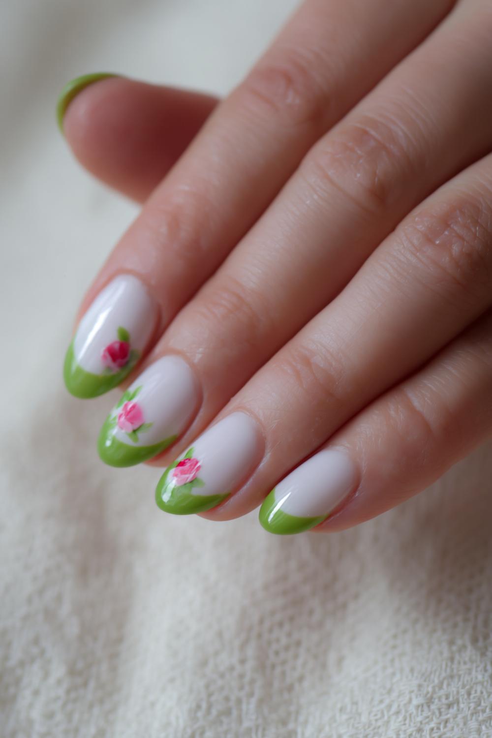 31. Spring nails met zachtgroene French en bloemknop bij nagelriem