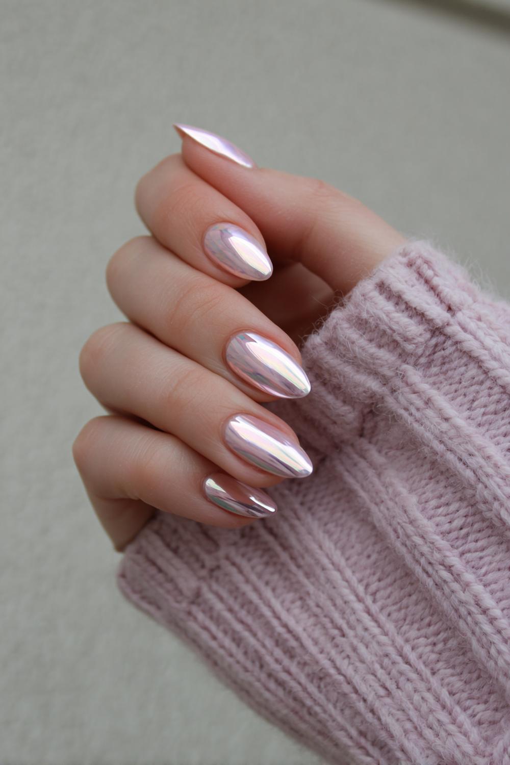 34. Spring nails met zachtroze chrome en spiegelende highlights