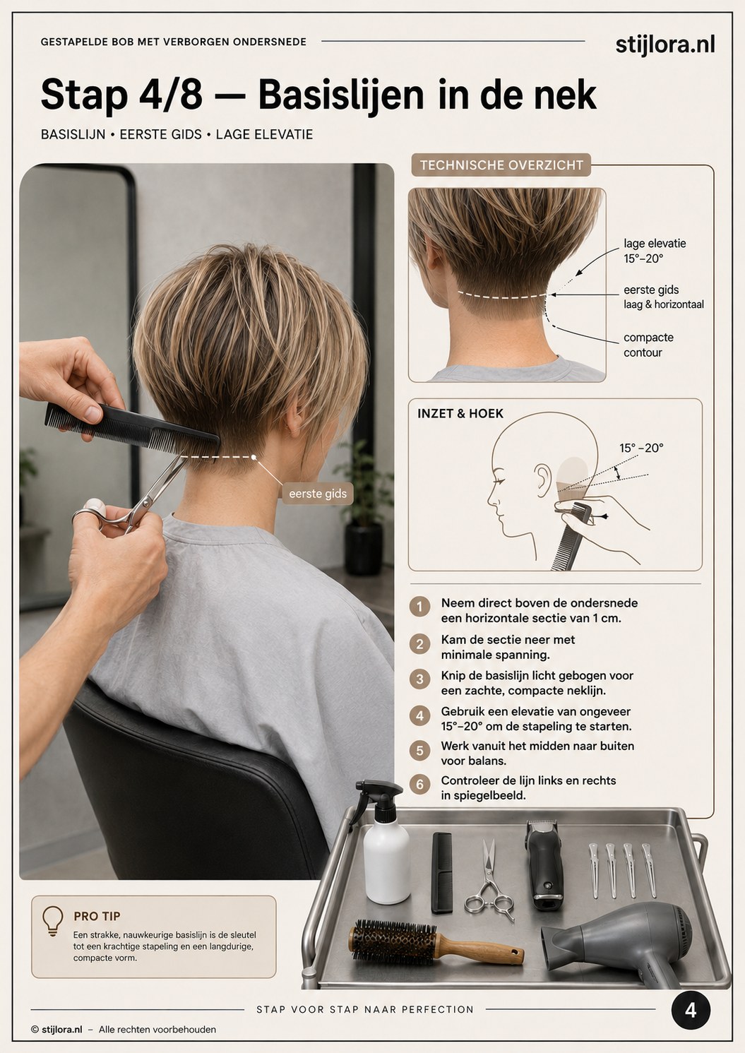 Eerste basislijn in de nek knippen met lage elevatie voor een compacte stacked bob met undercut