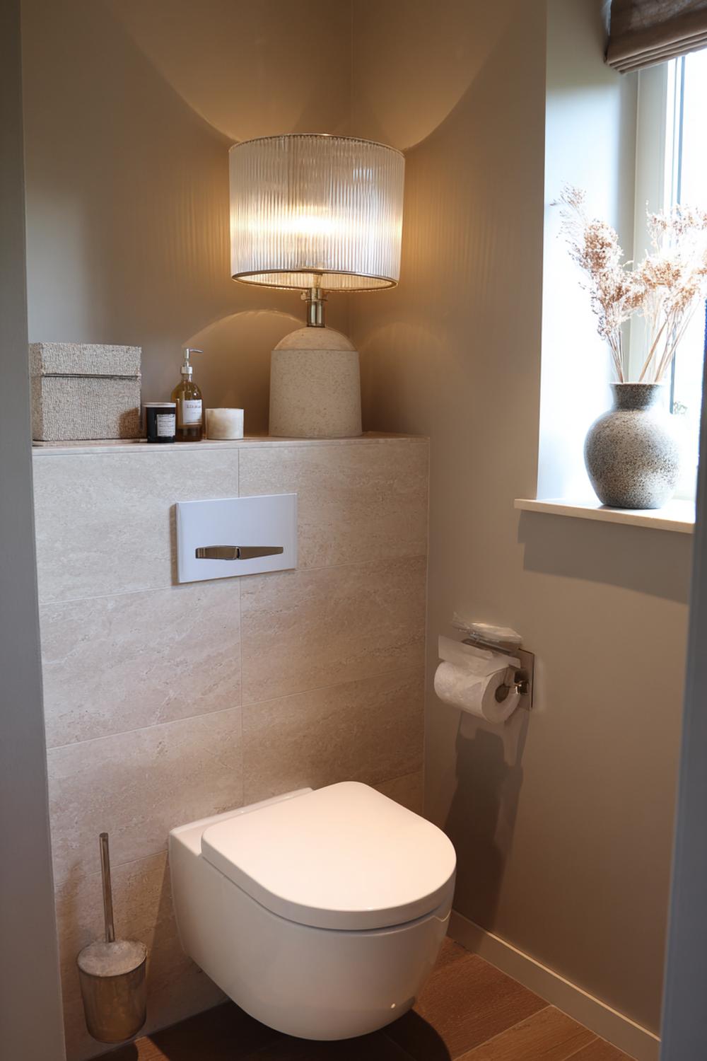 12. Toilet inspiratie met ribbelglas lamp en travertin accessoires
