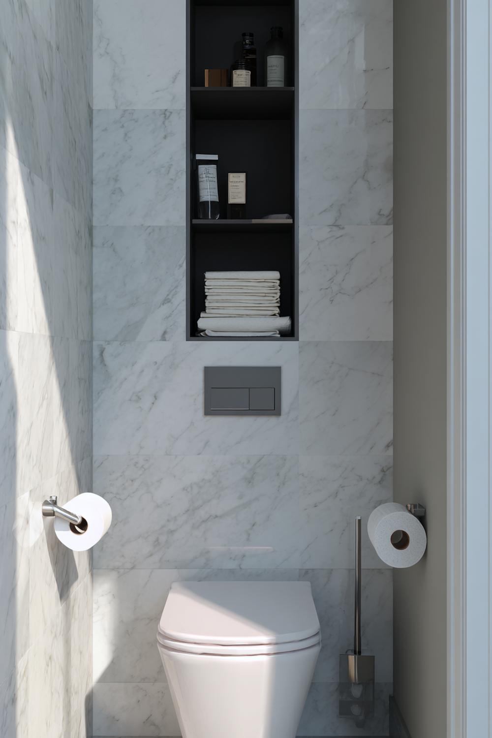 13. Toilet inspiratie met smalle opbergnis en geïntegreerde rolhouder