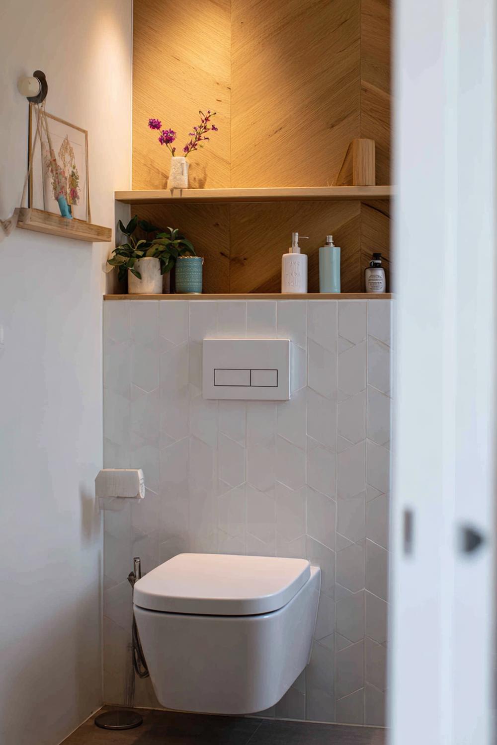 15. Toilet inspiratie met houten lattenwand en indirecte achterwandverlichting
