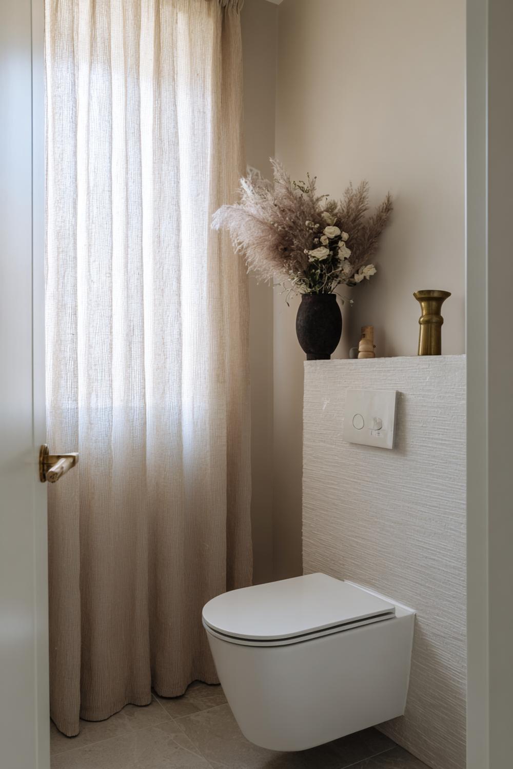 17. Toilet inspiratie met warme beige kalkverf en linnen textiel