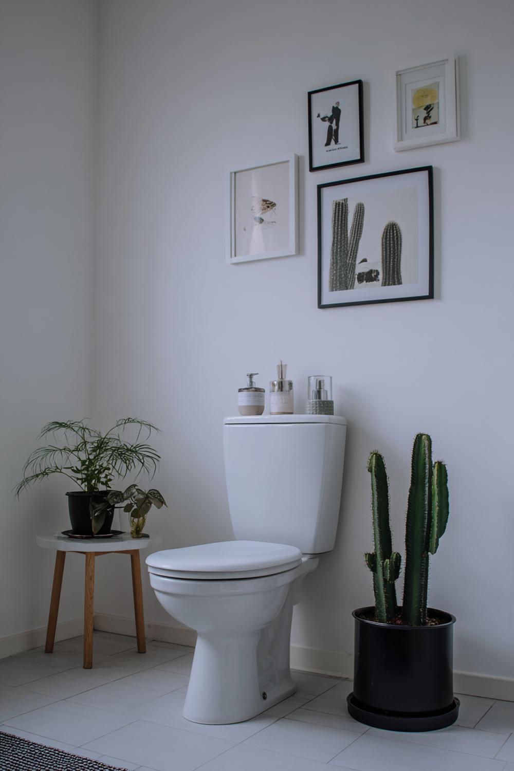 18. Toilet inspiratie met statement kunstposter en minimalistische witte basis