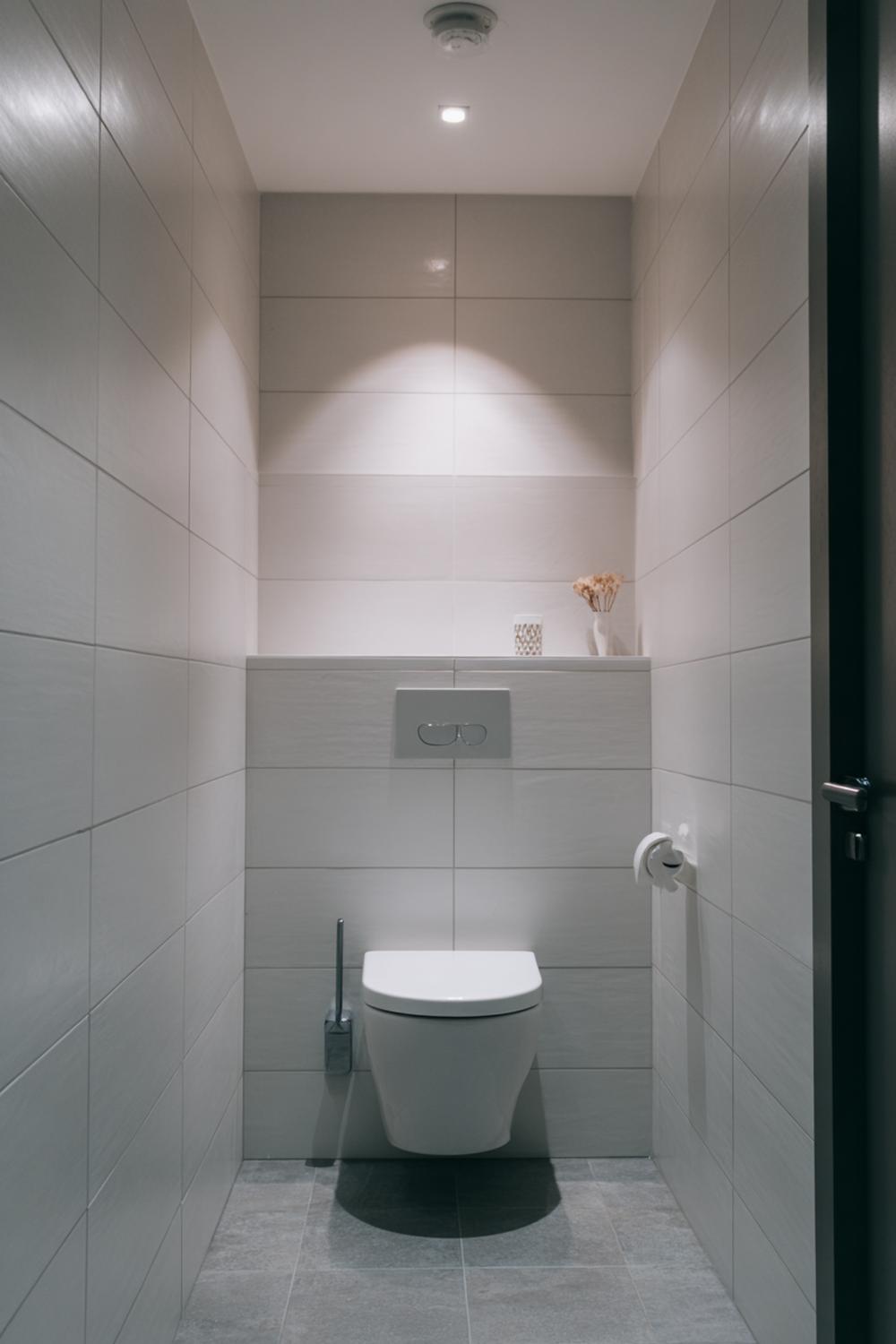 20. Toilet inspiratie met plafondhoge tegels en verticale lijnwerking