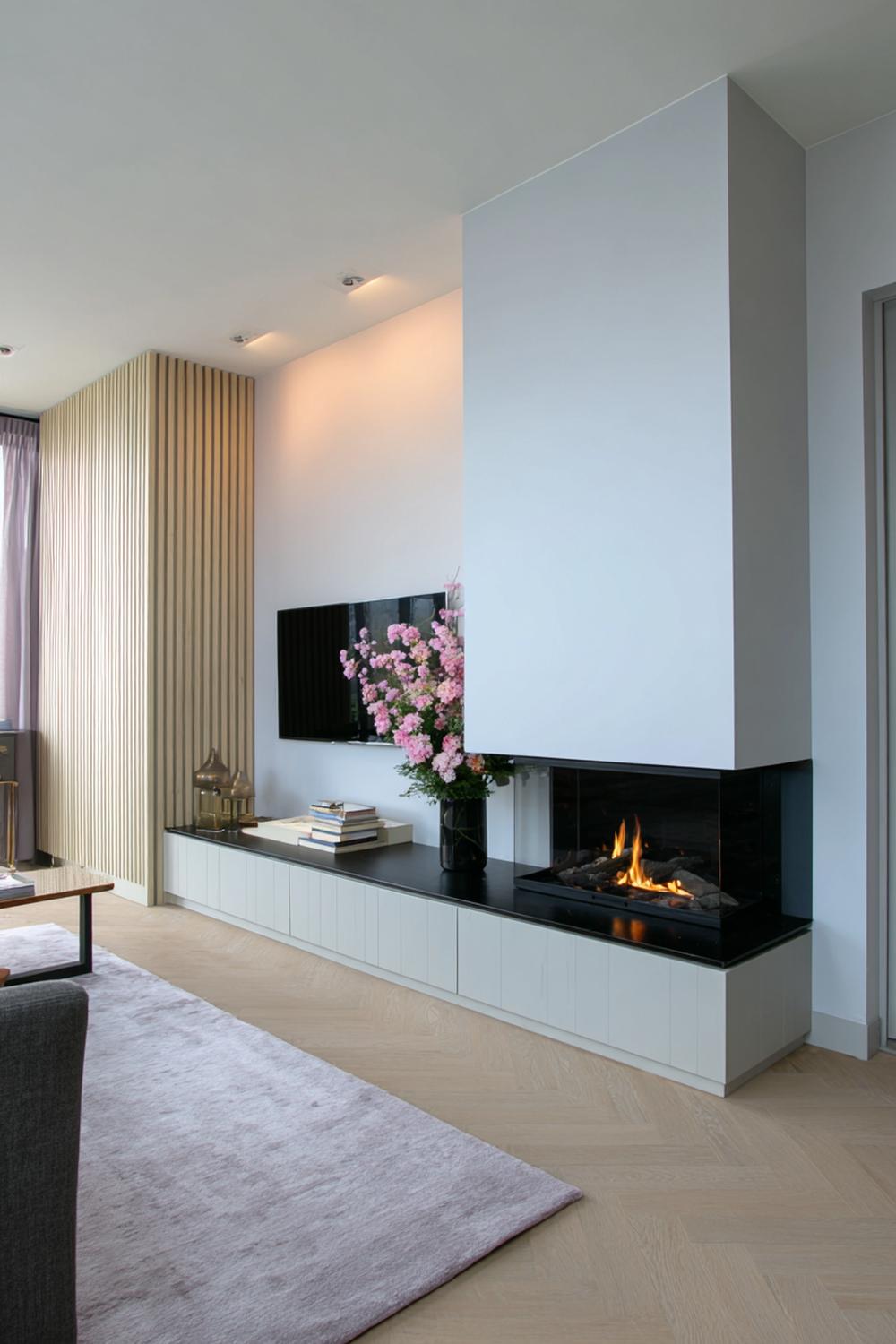 11. Tv wand ontwerp met hoekopstelling en doorlopende lattenwand