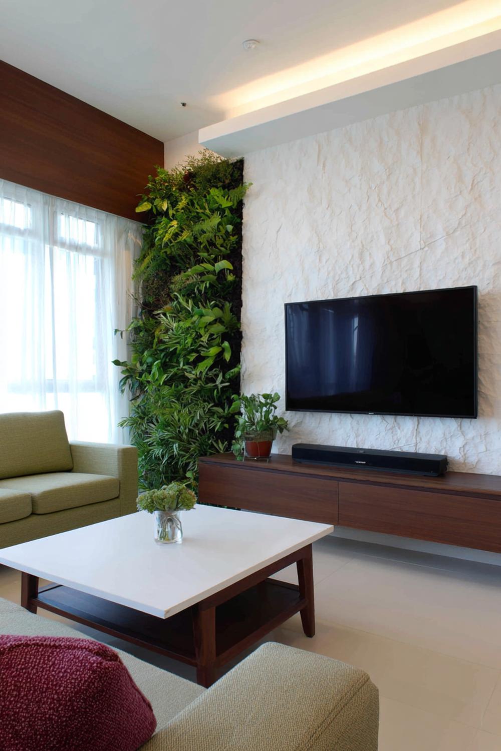14. Tv wand ontwerp met geïntegreerde plantenwand en indirect licht