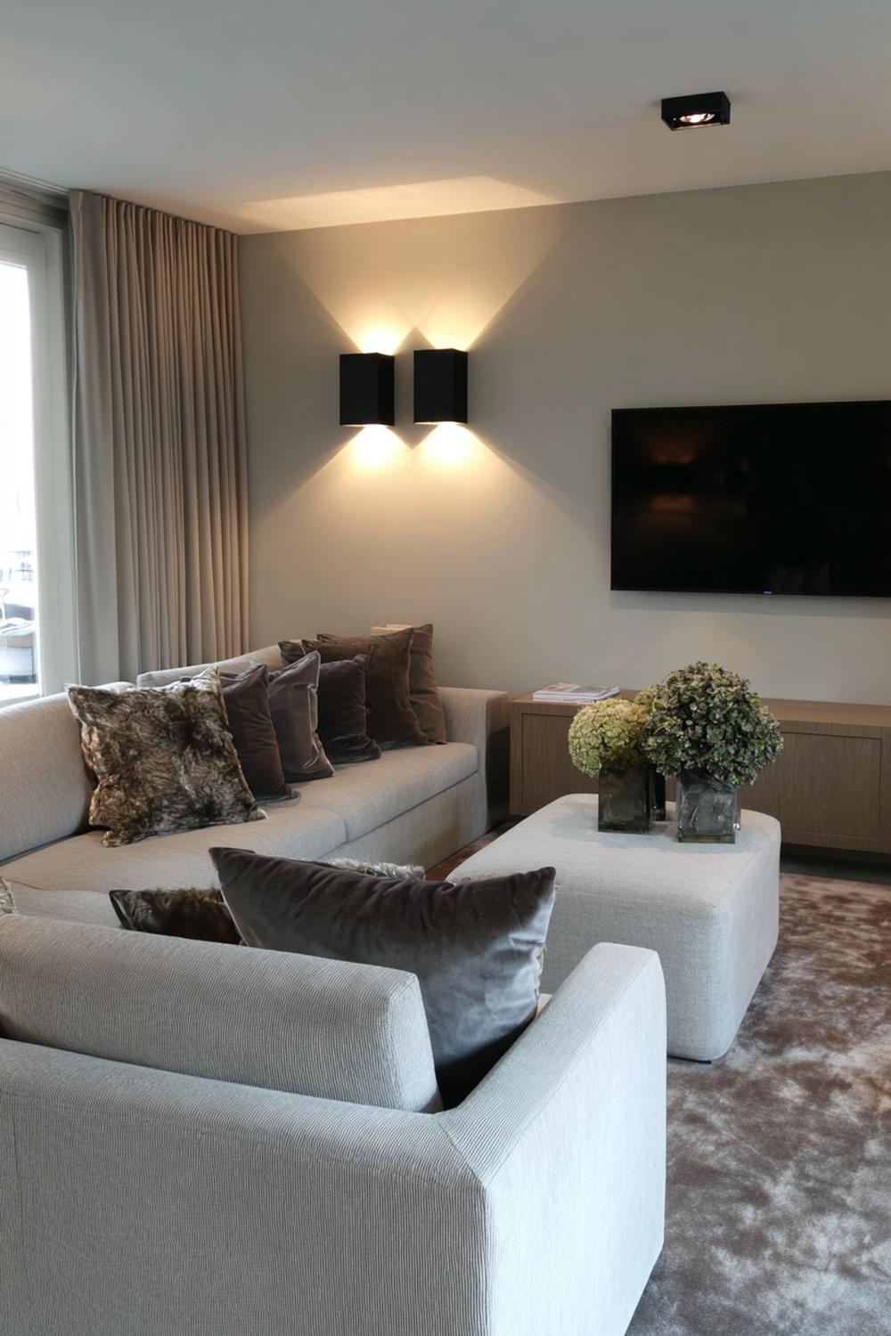 15. Tv wand ontwerp met symmetrische wandlampen en afgeronde hoeken
