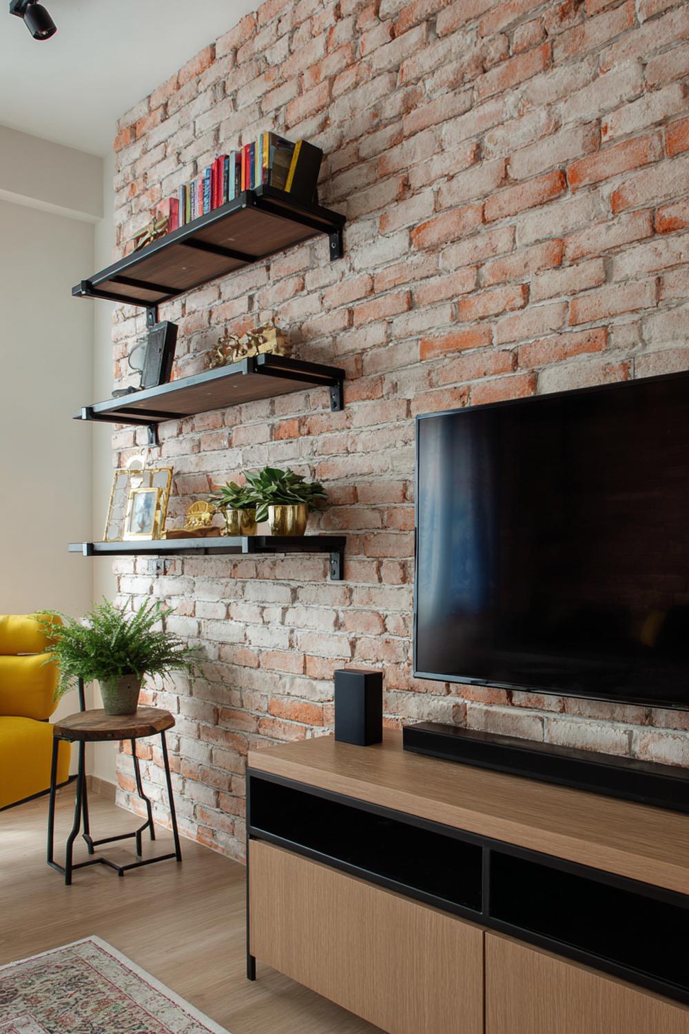 17. Tv wand ontwerp met industriële baksteen en zwart stalen rek