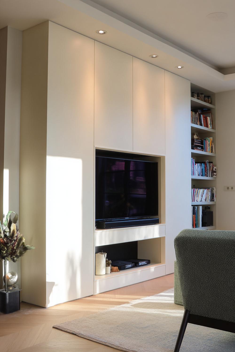 21. Tv wand ontwerp met inbouwspots in plafondlijn en schaduwspel