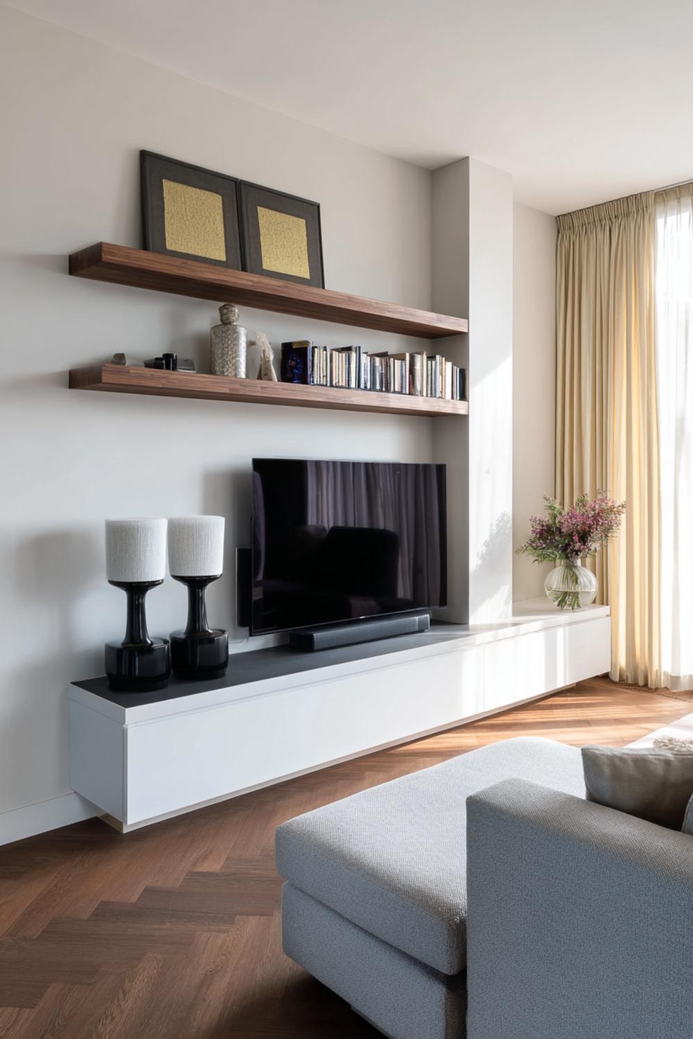 23. Tv wand ontwerp met smalle console en kunst boven de tv