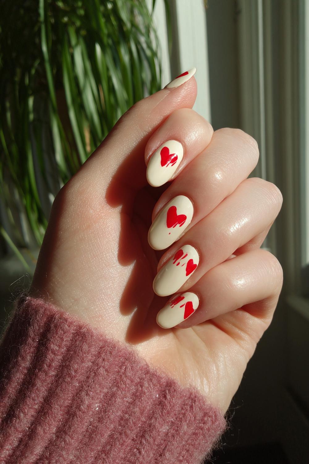 15. Valentines nails met crème basis en rood ‘drip heart’