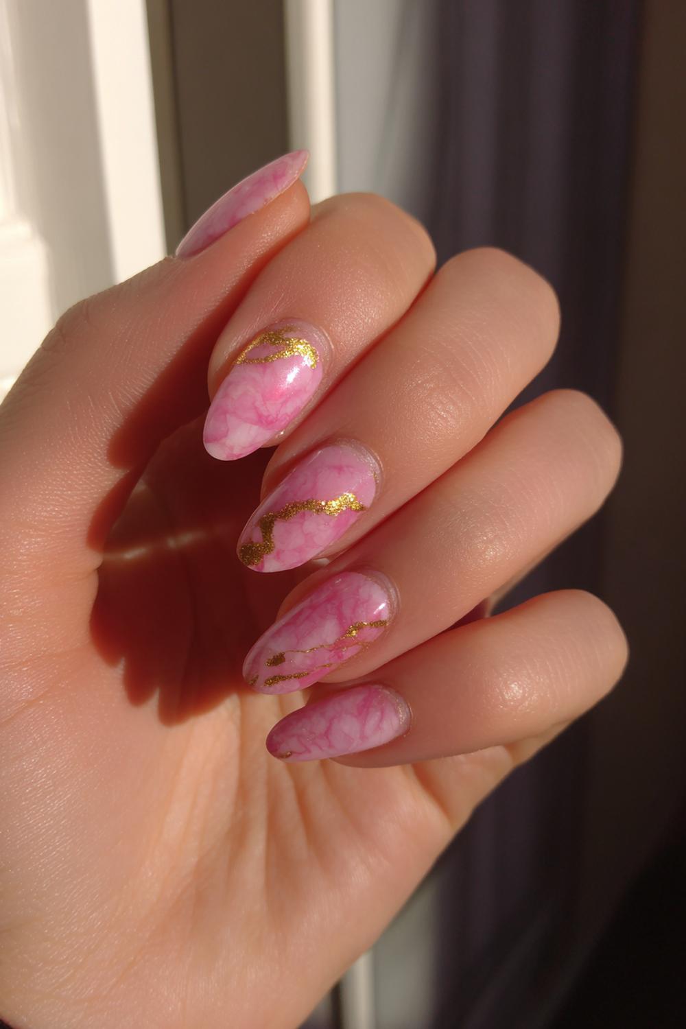 16. Valentines nails met roze marmer en fijne goudlijn