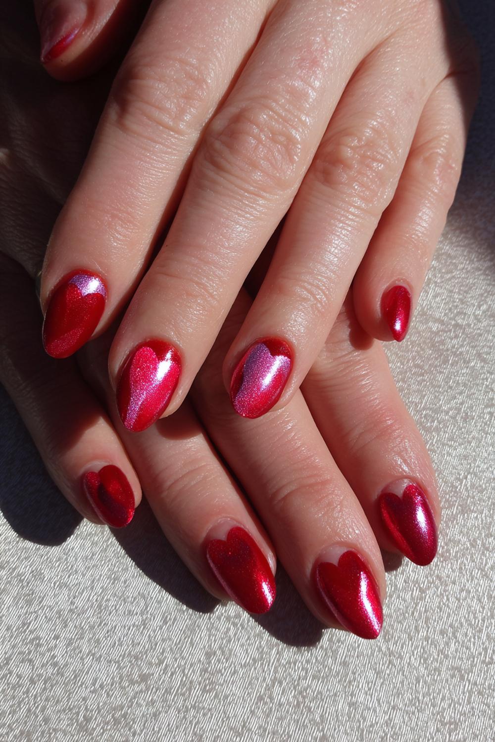 17. Valentines nails met rood velvet effect en lichtreflectie