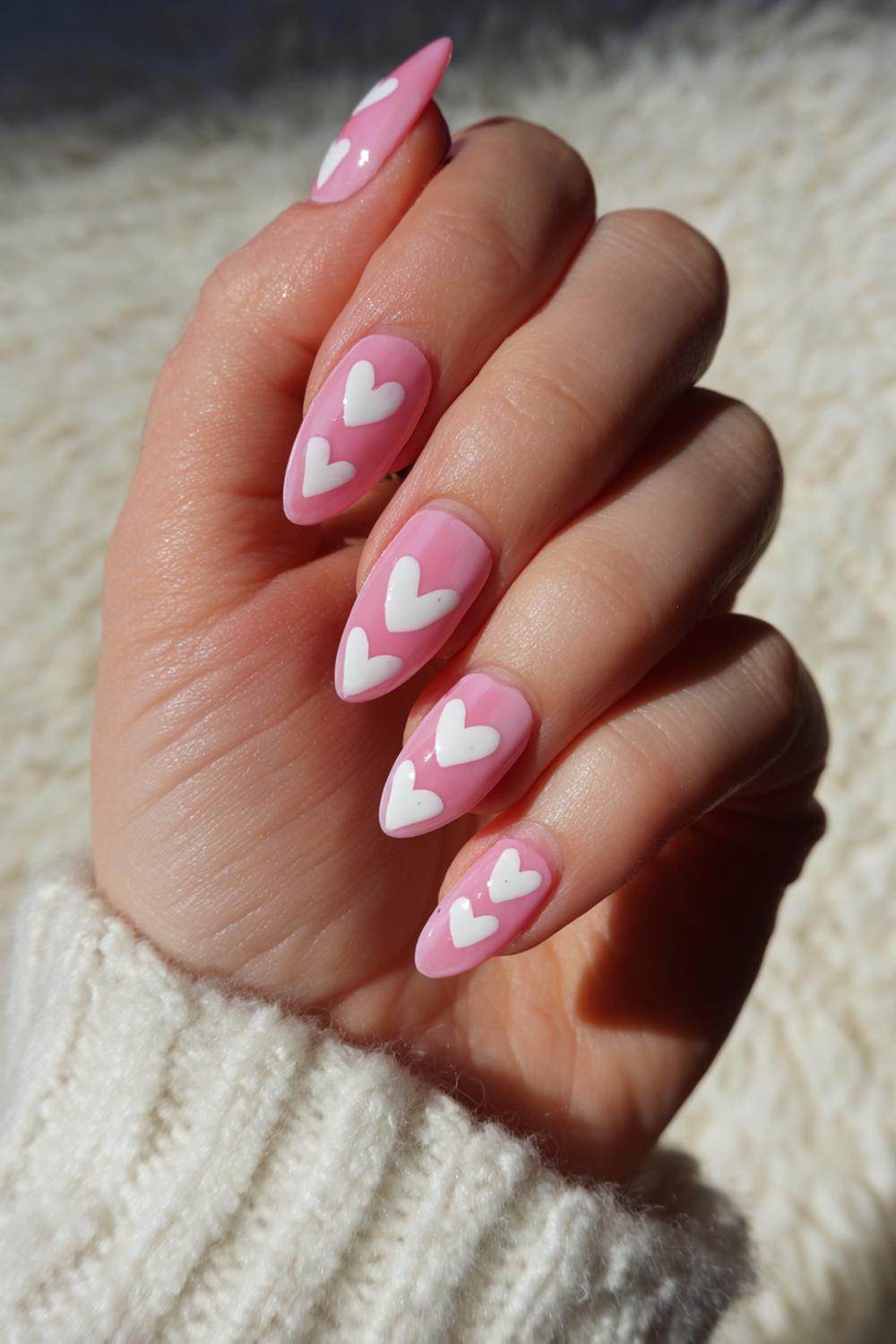 18. Valentines nails met babyroze en hartjes aan de nagelriem