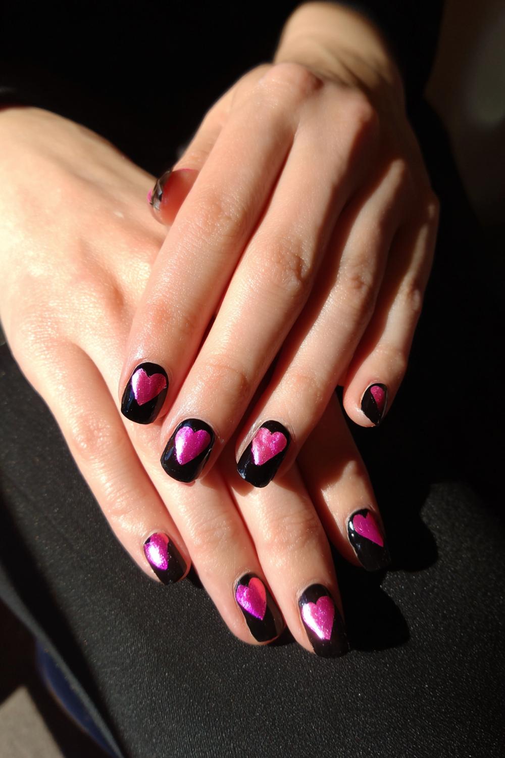 19. Valentines nails met zwarte basis en roze neonhart