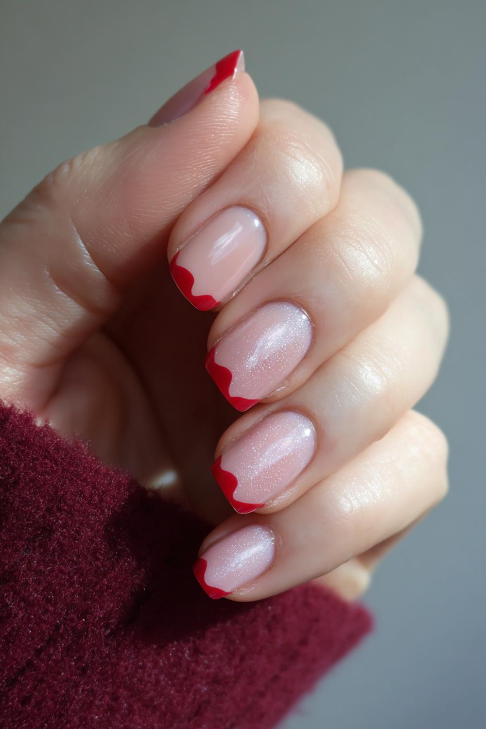 22. Valentines nails met champagne shimmer en rode micro-french