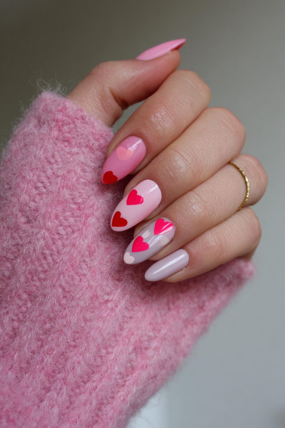 28. Valentines nails met zachtgrijs en roze hartsticker-look
