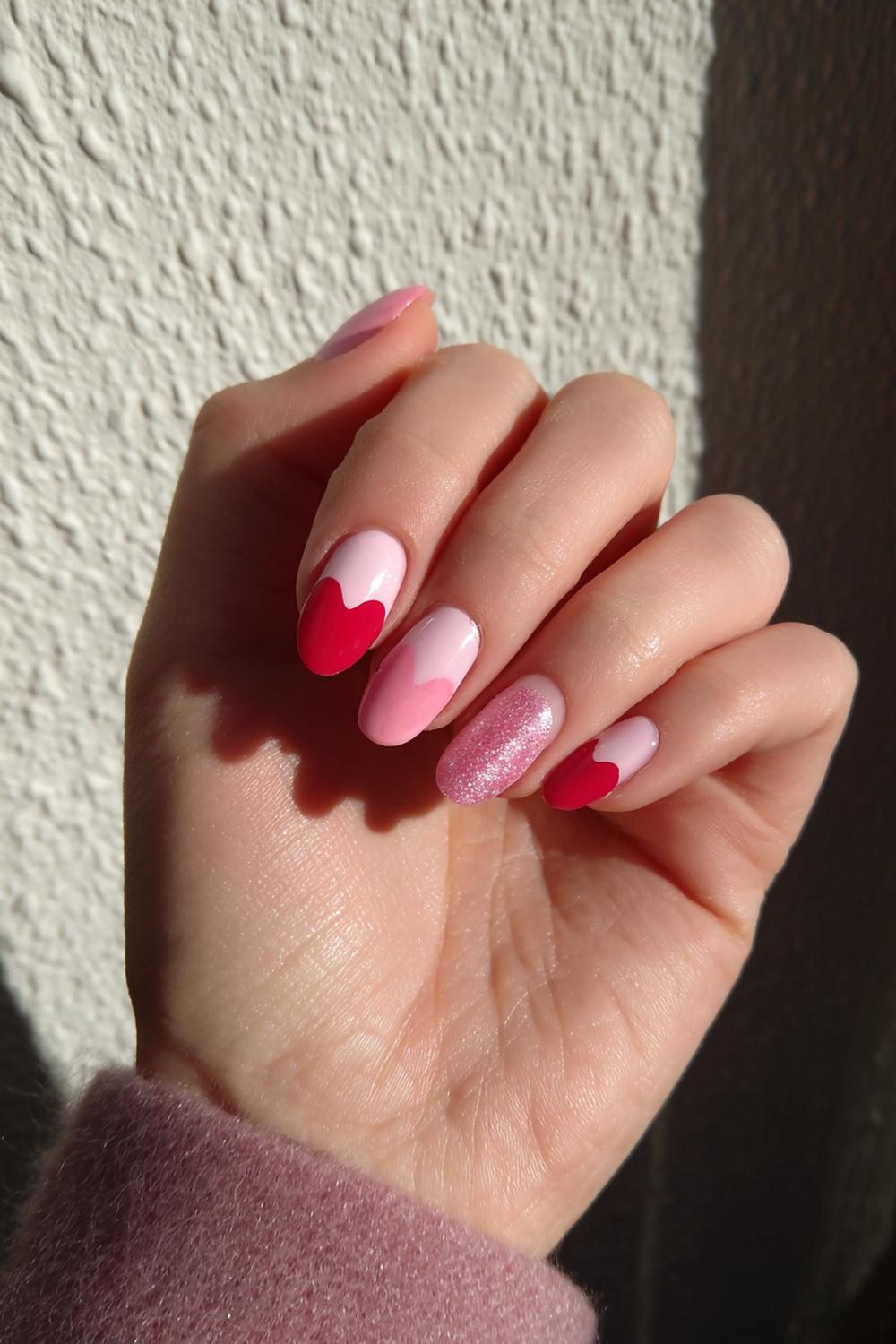 30. Valentines nails met roze glitterfade en helder hart