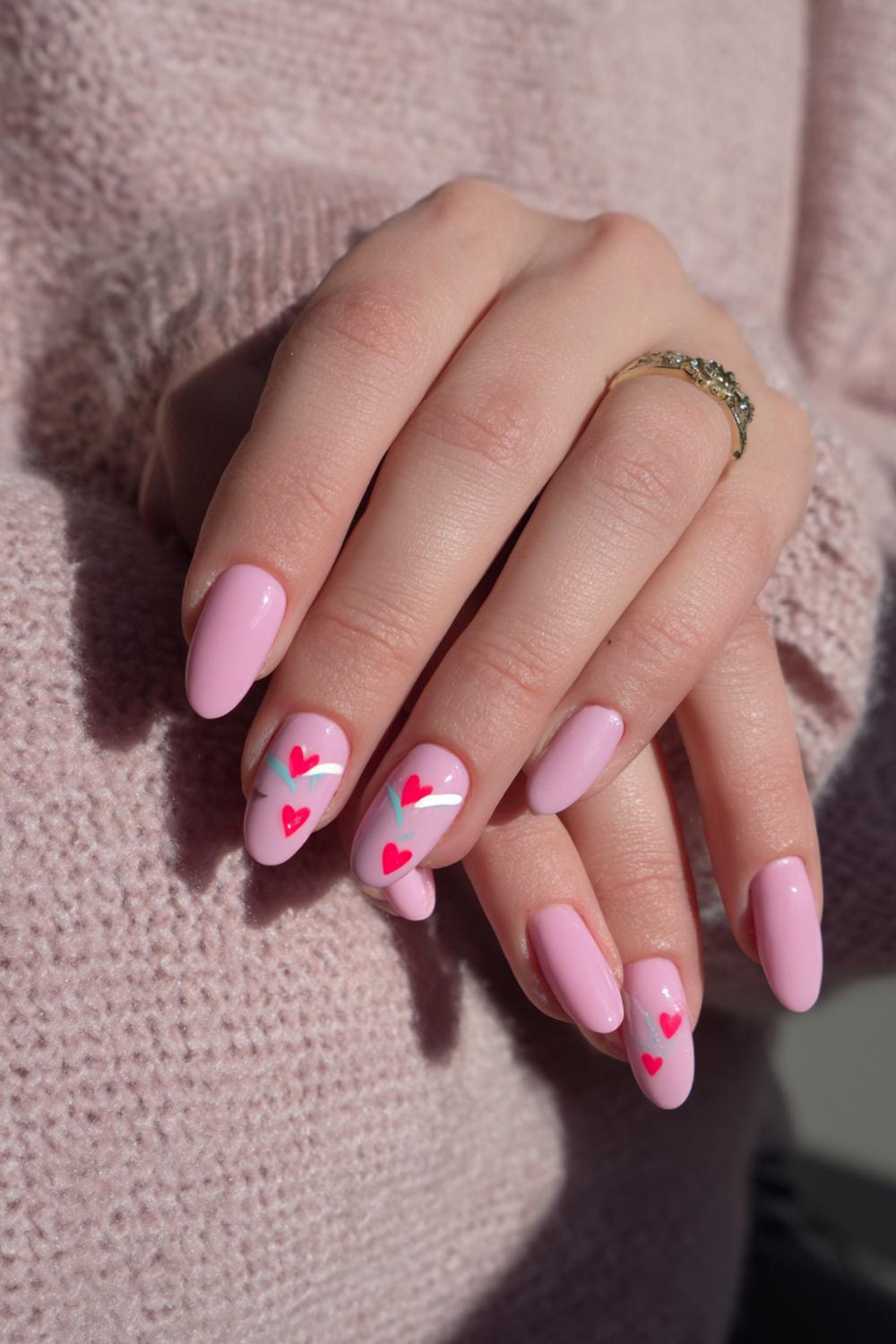 32. Valentines nails met blush en handgetekende strik