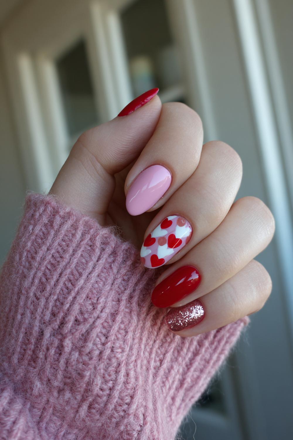 33. Valentines nails met rood en roze kleurblokken