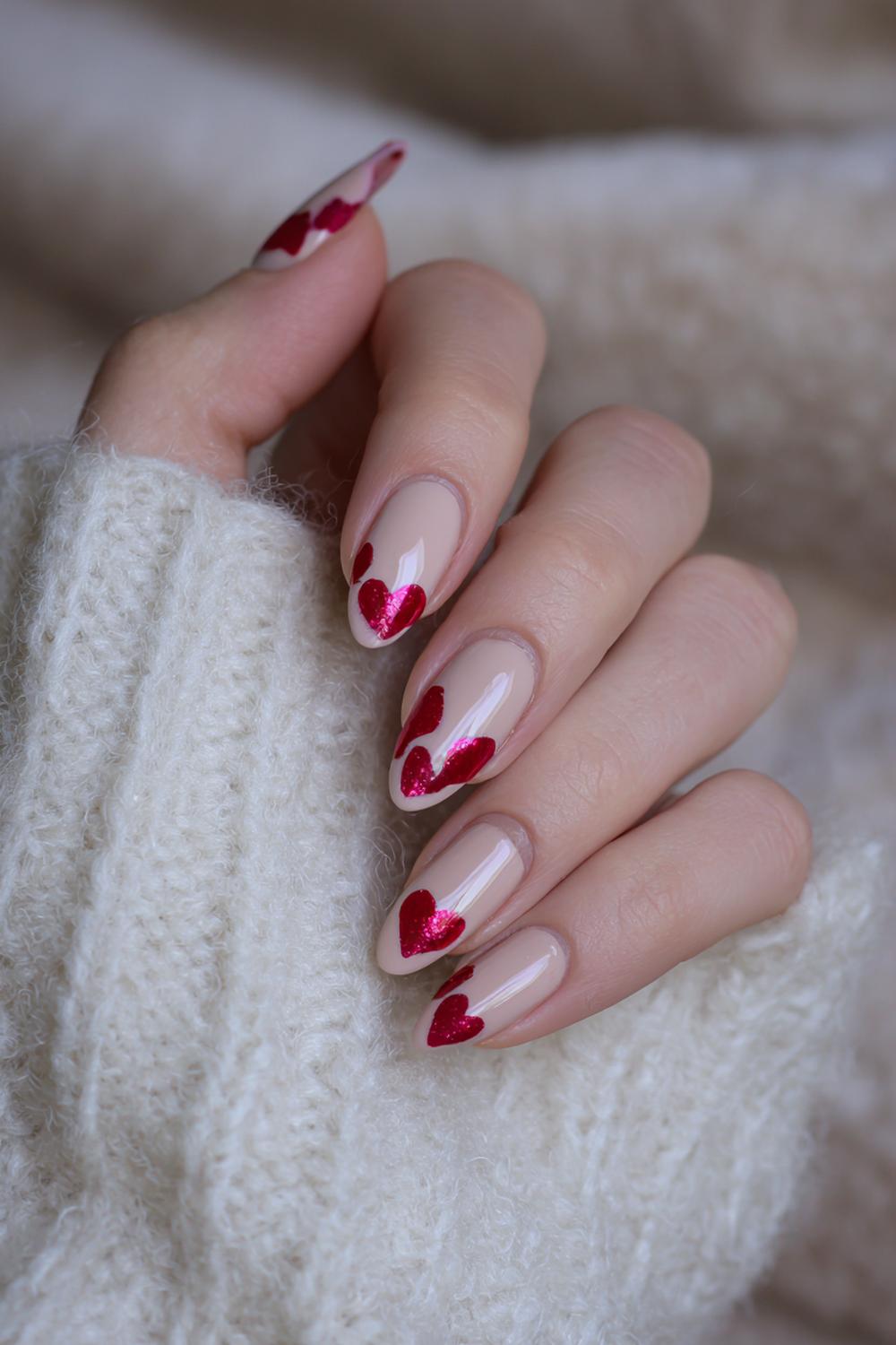 34. Valentines nails met nude en rode kant-illusie