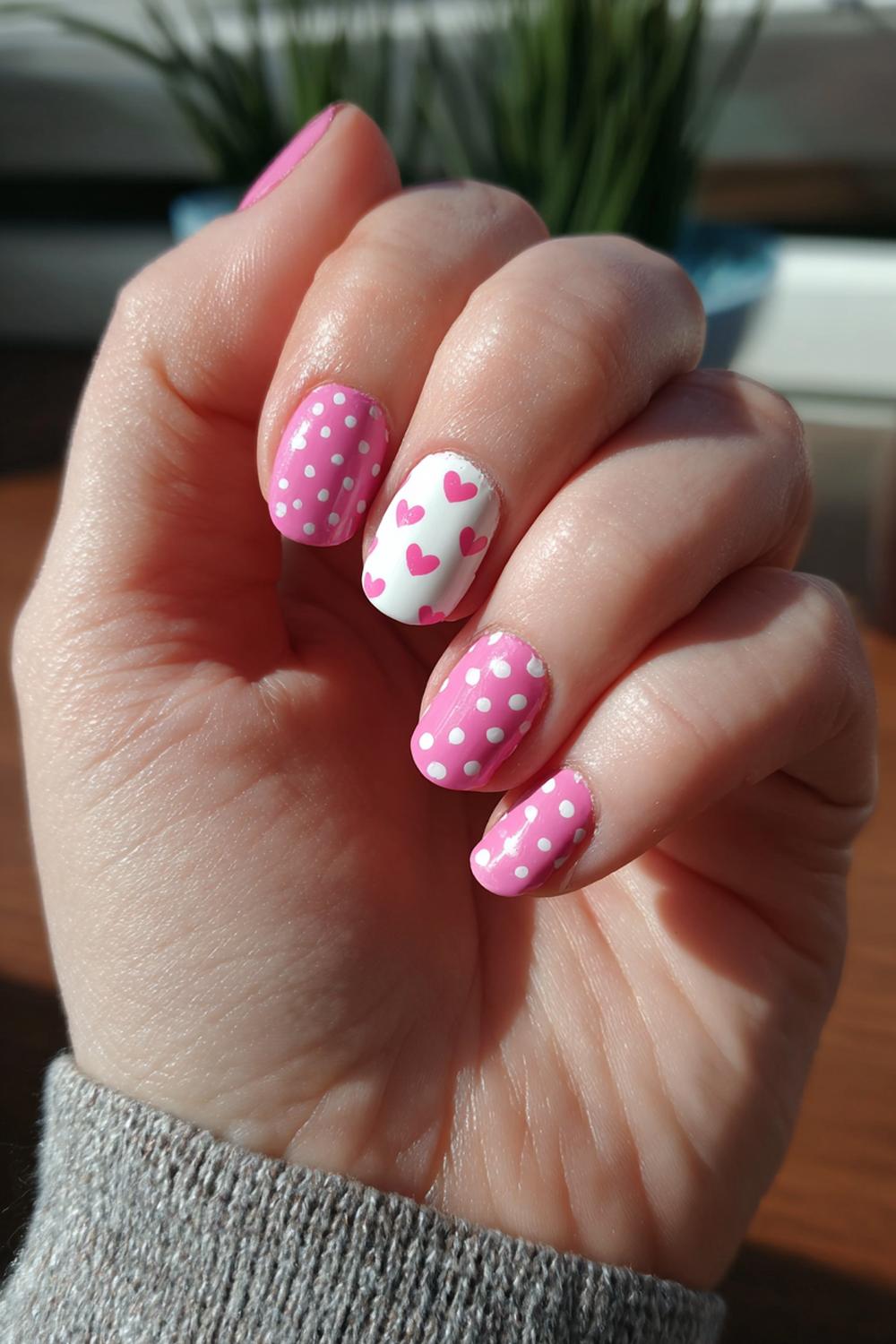 35. Valentines nails met wit en roze hart-polka dots