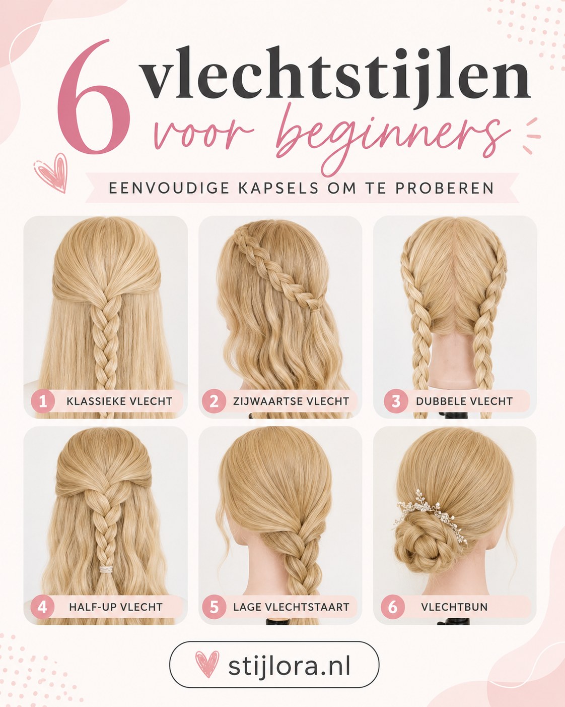 Overzicht van zes vlechtstijlen om te oefenen na het leren van de basisvlecht