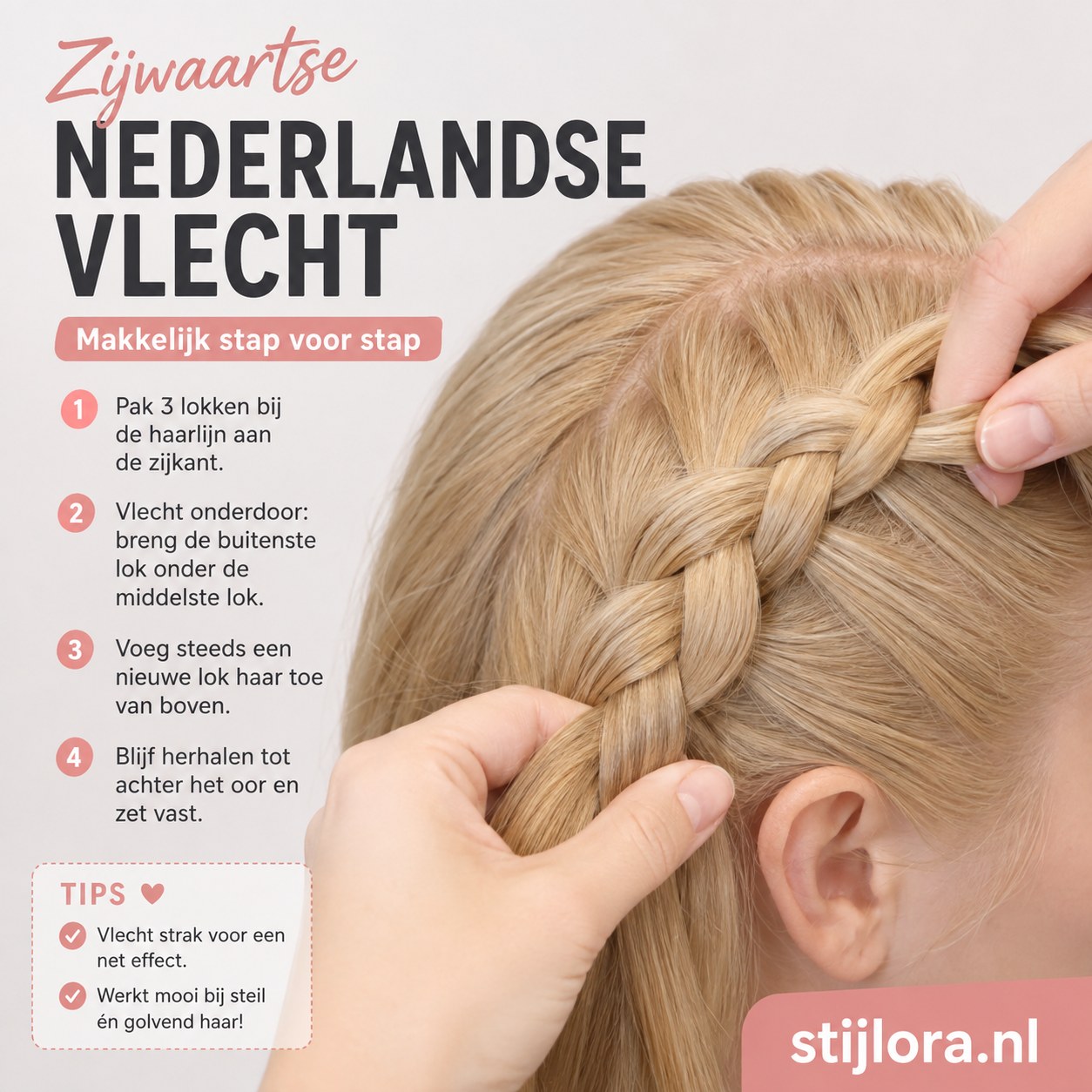 Zijwaartse Nederlandse vlecht stap voor stap gevlochten, duidelijk te volgen voor beginners