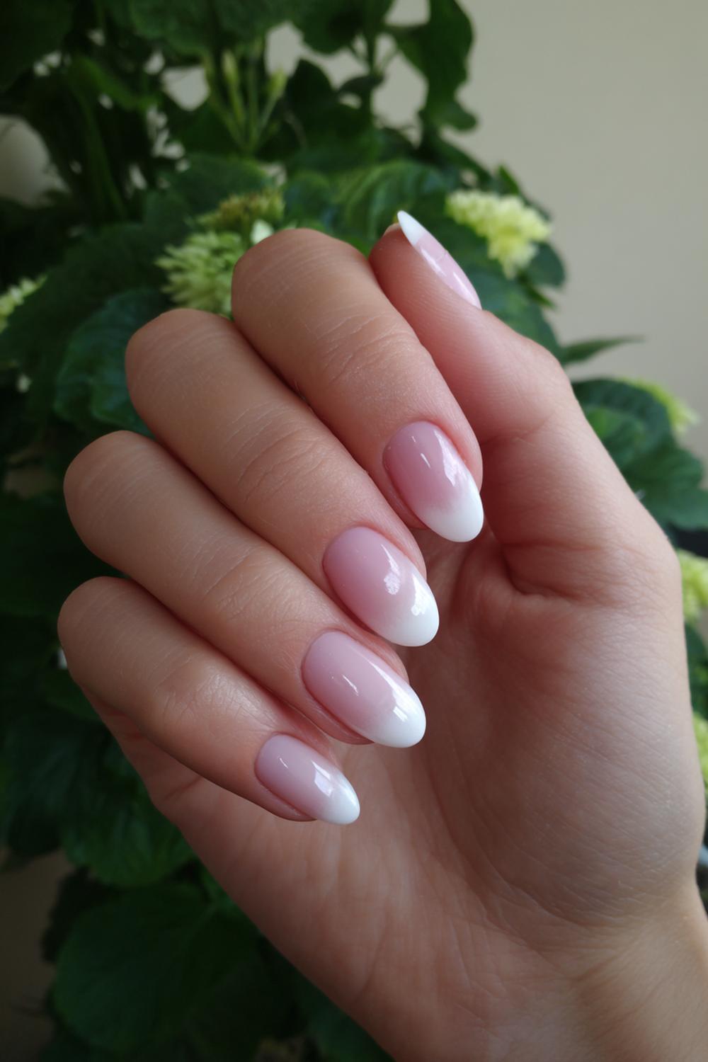 23. Wiosenne paznokcie met halve maan design in wit en blush
