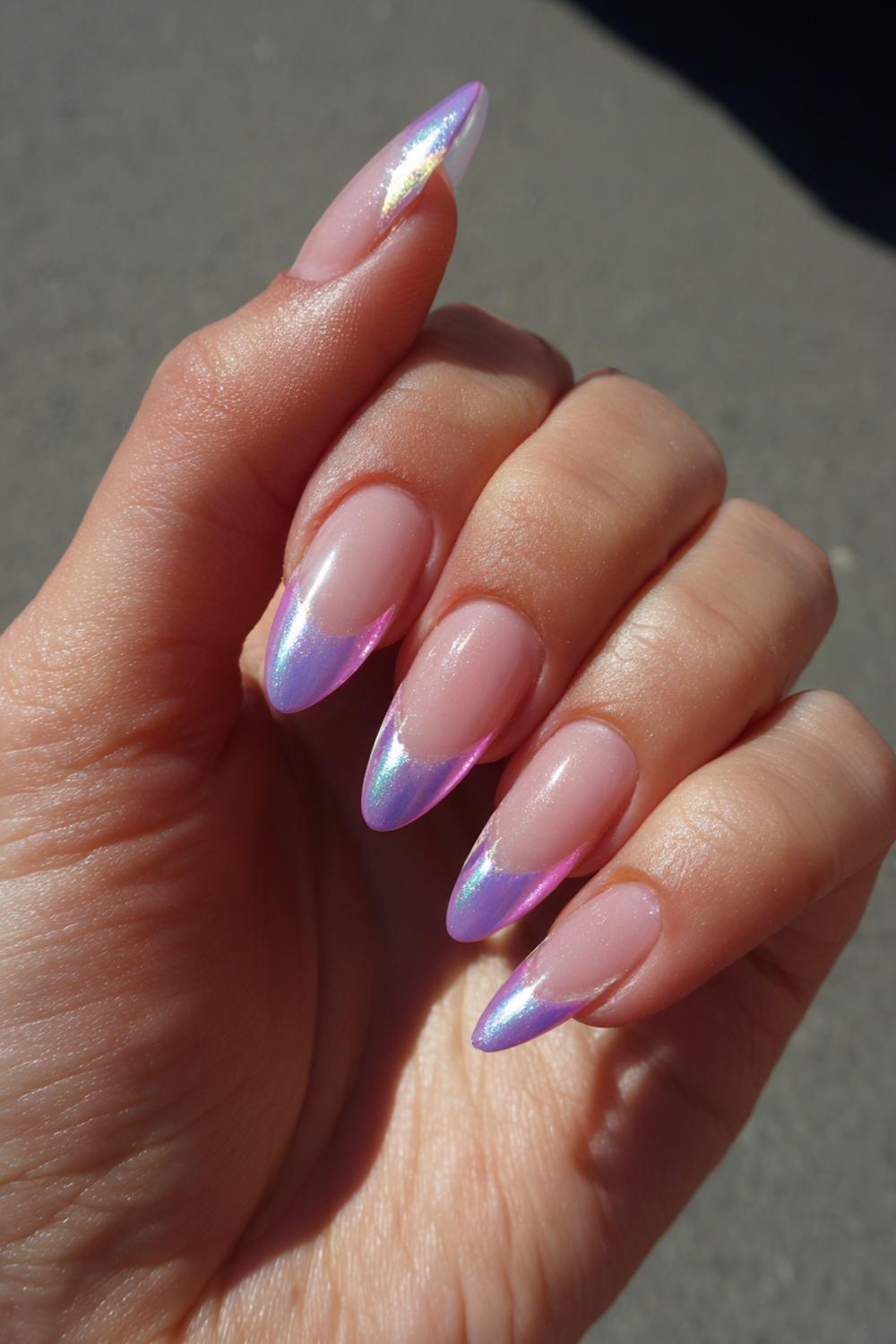 26. Wiosenne paznokcie met lila chrome tips en transparante basis