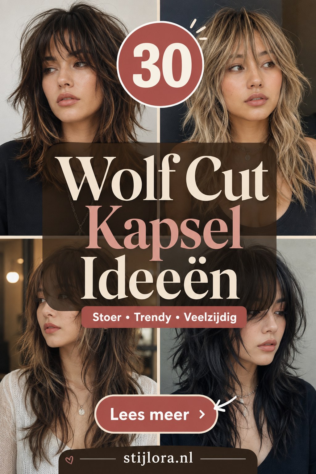Dertig wolf cut kapsel ideeën naast elkaar in verschillende lengtes en haarkleuren