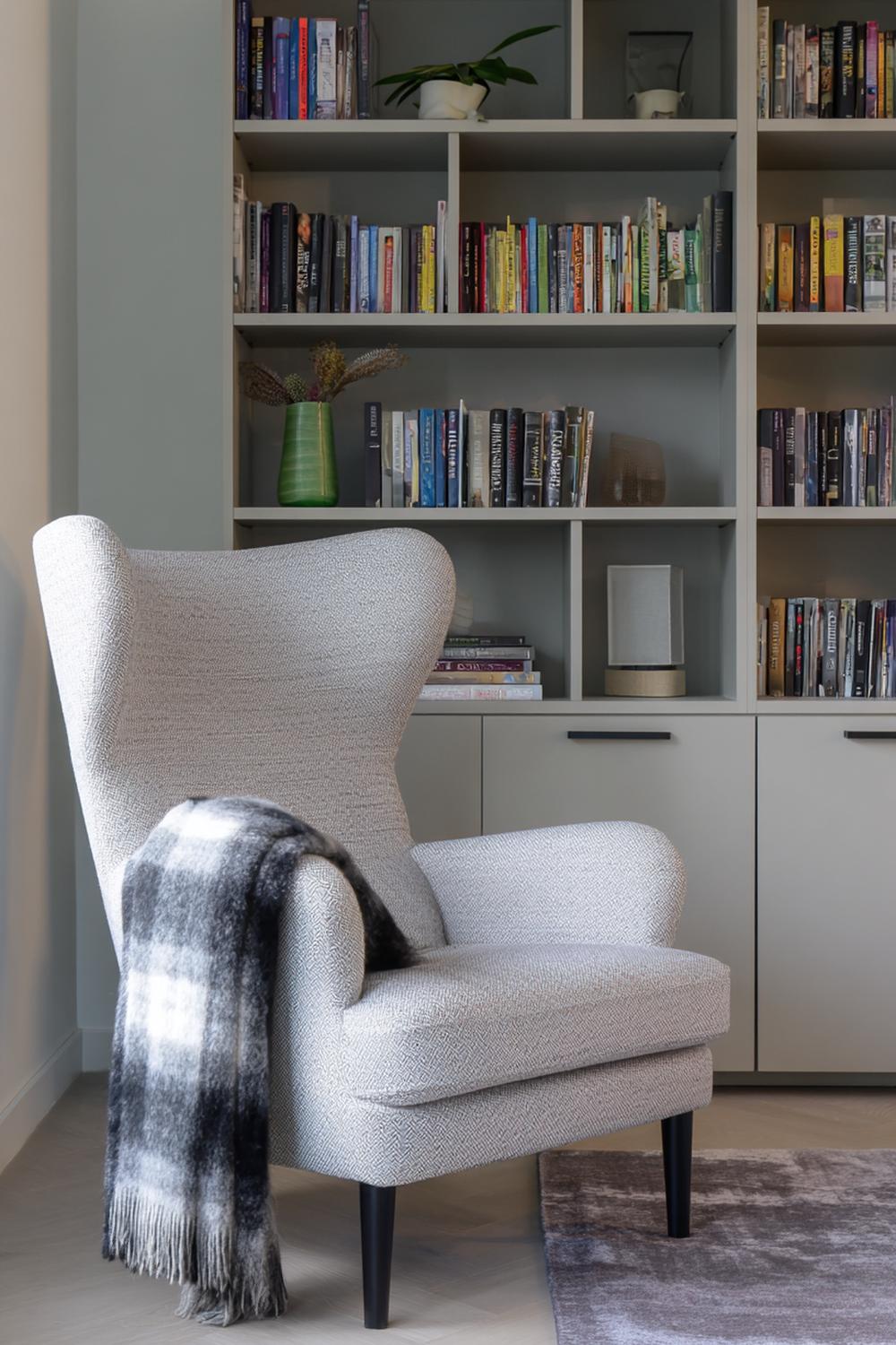 11. Woonkamer inspiratie met leeshoek fauteuil, plaid en hoge boekenkast