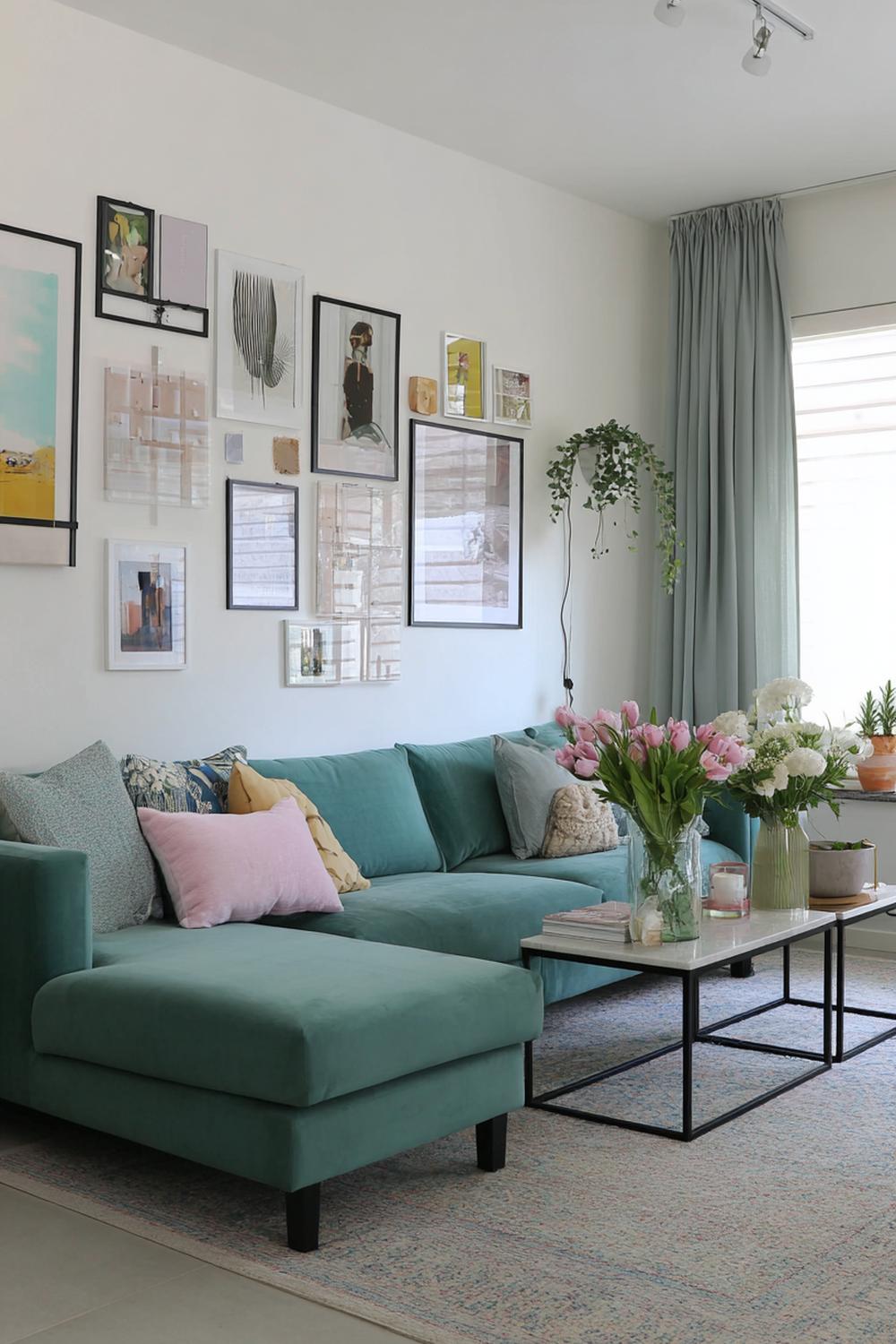 12. Woonkamer inspiratie met gallery wall boven de bank en zachte verlichting