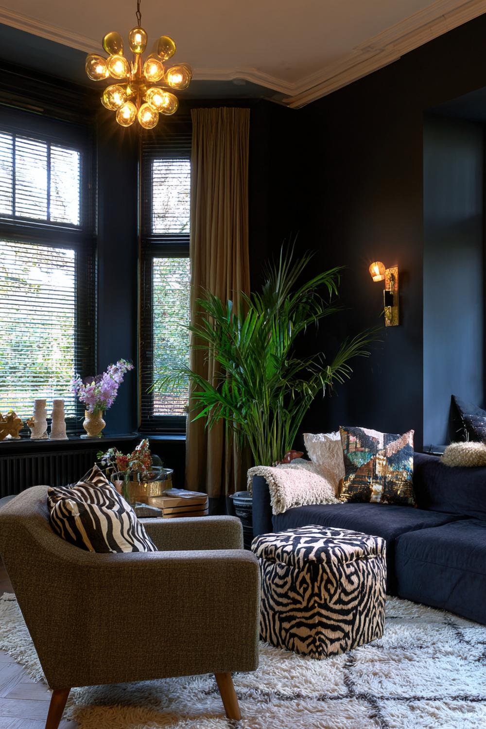 14. Woonkamer inspiratie met donkere muren en gouden lichtpunten