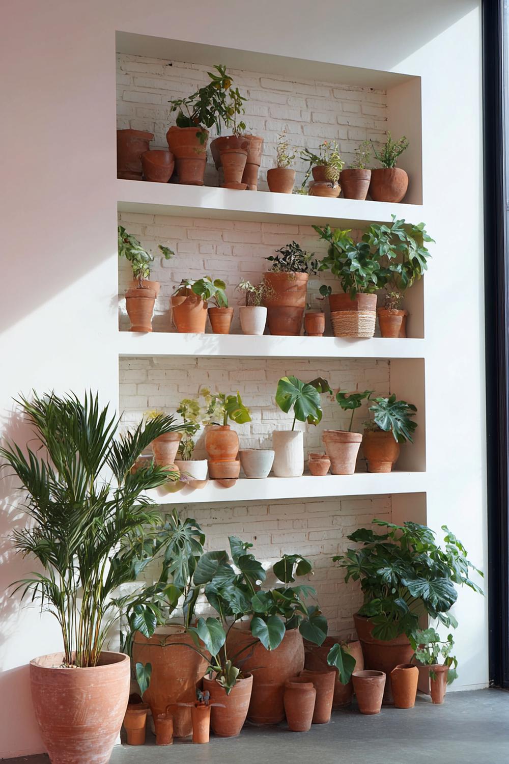 17. Woonkamer inspiratie met plantenwand en terracotta pottenrij
