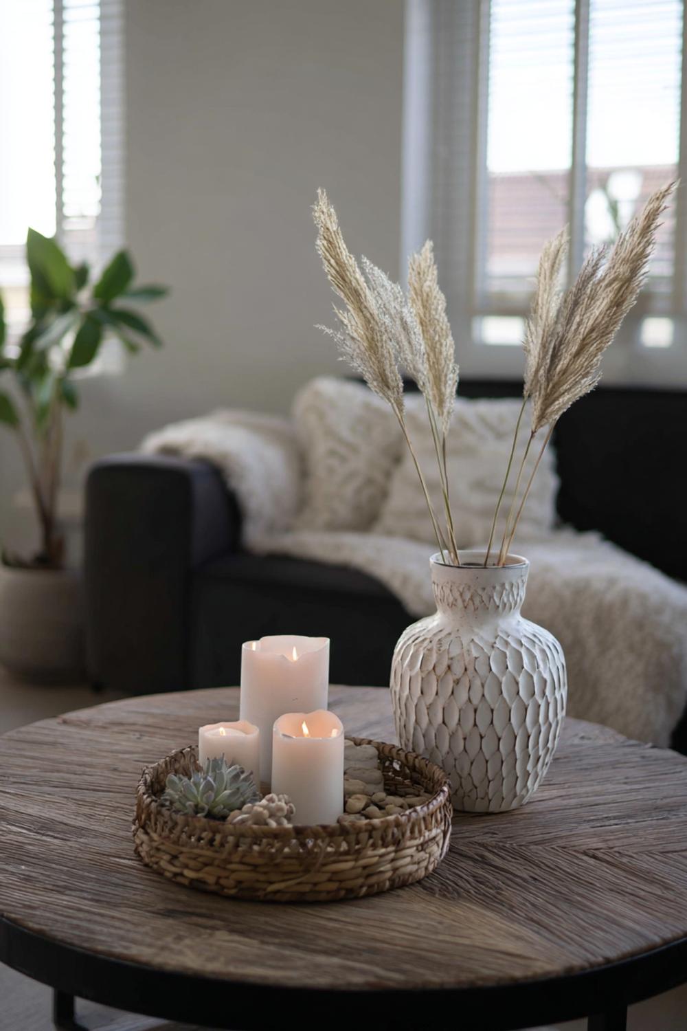23. Woonkamer inspiratie met natuurlijke steenlook salontafel en kaarsencluster