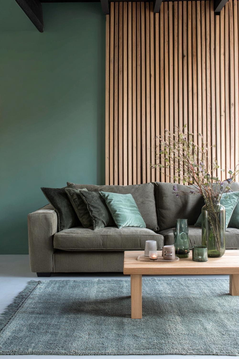 24. Woonkamer inspiratie met accentkleur olijfgroen en houten lattenwand